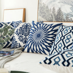 Blue Floral Canvas Cushion Cover